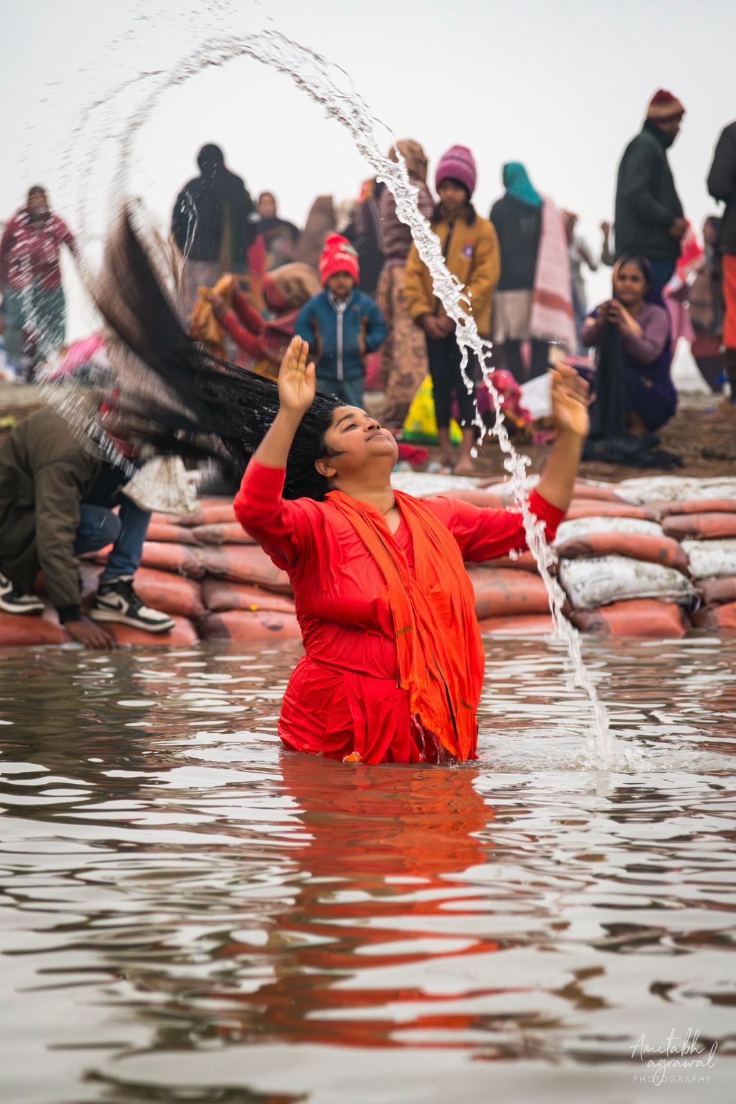Devotee Holy Ganga Snan Water Splash